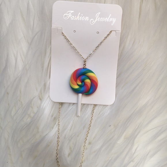 Polymer clay rainbow lollipop necklace - Picture 3 of 3